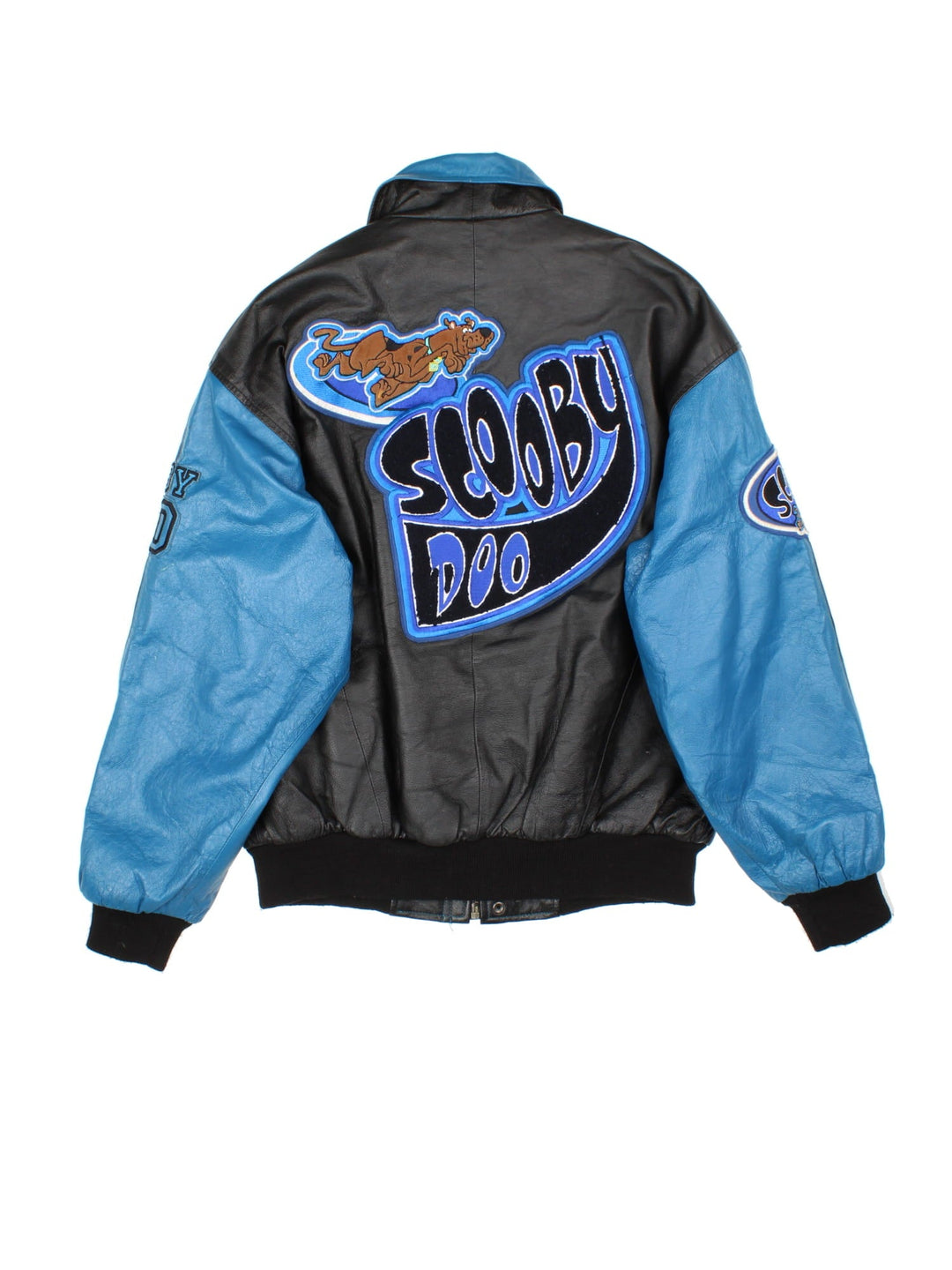 Vintage Scooby-Do Wear R U? Leather Varsity Jacket in a black and blue colourway. Zips up and has side pockets, and the spell out and character graphic embroidered on the front and back.