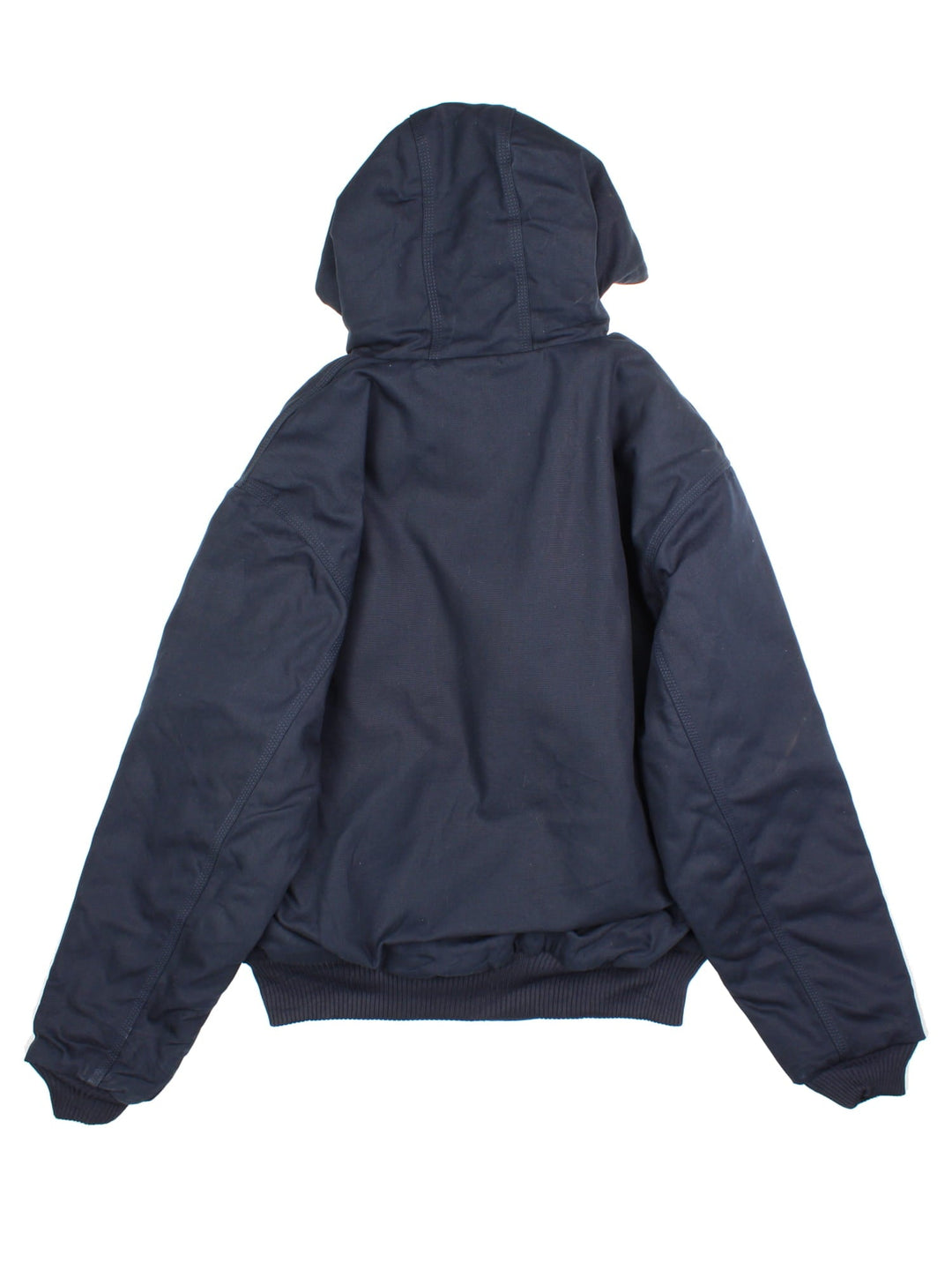 Carhartt Active Jacket in a navy blue colourway. Zips up and has side pockets, insulated with a quilted lining, hooded, and has the Carhartt amd 'Colins Framing' company logo embroidered on the front.
