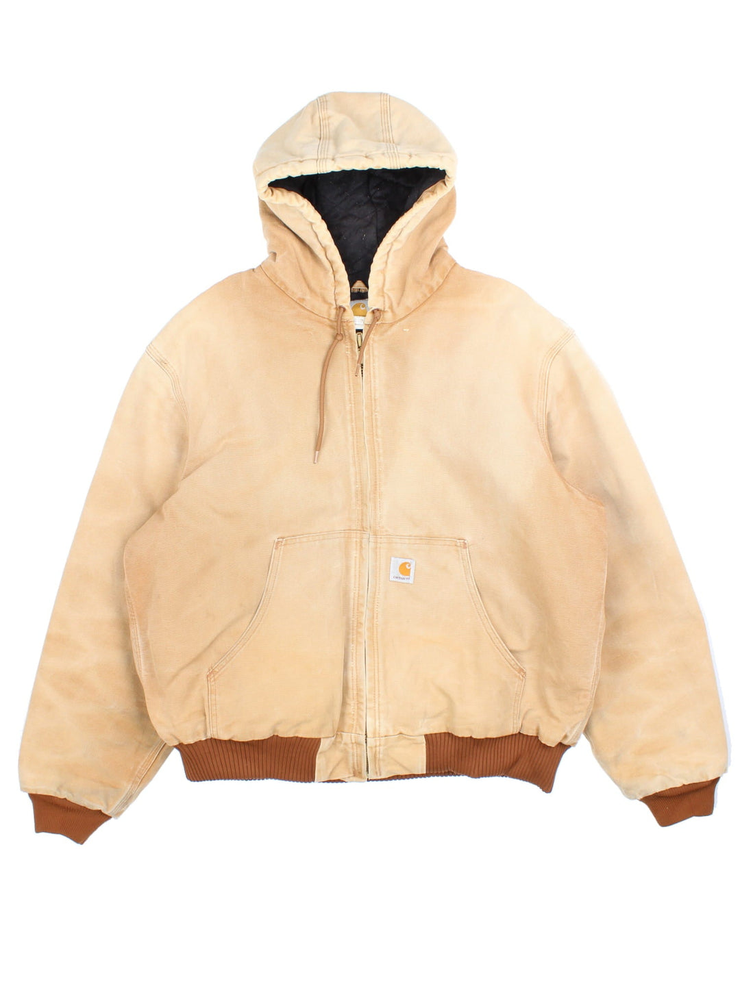 Vintage Carhartt Jacket in a tan colourway. Zips up and has side pockets, hooded, and has the logo embroidered on the front.