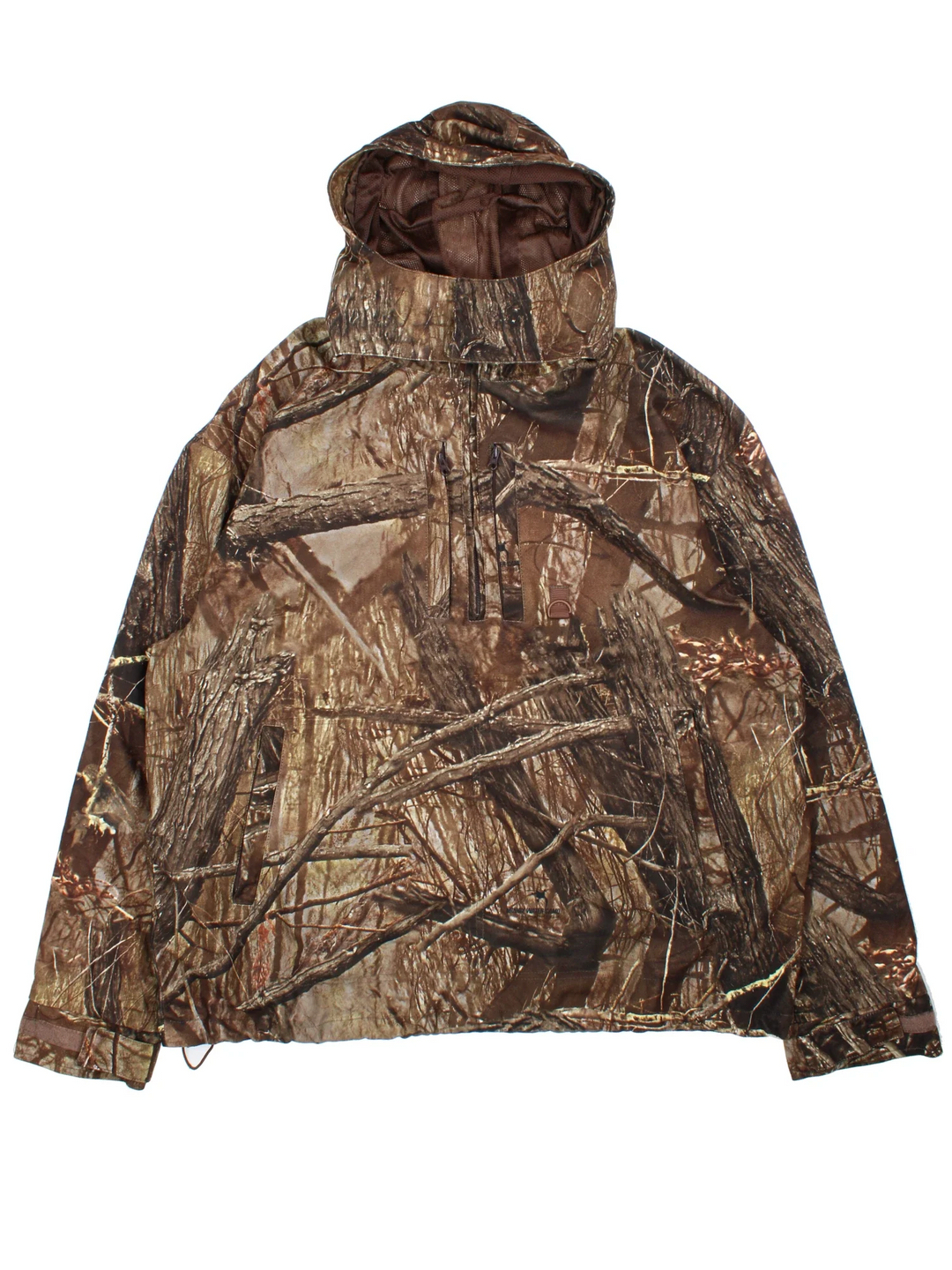 Real Tree 1/4 Zip Jacket in a green colourway. Zips up and has multiple pockets, insulated with a mesh lining, and all over pattern.