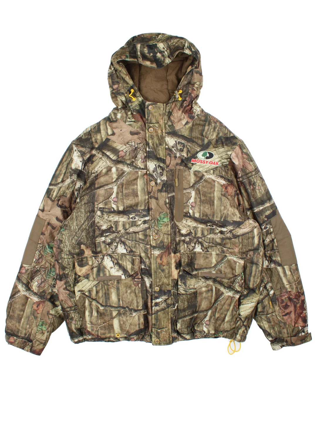 Real Tree Mossy Oak Coat in a green colourway. Zips up, with hood and has multiple pockets. Insulated with a quilted lining, and all over pattern.