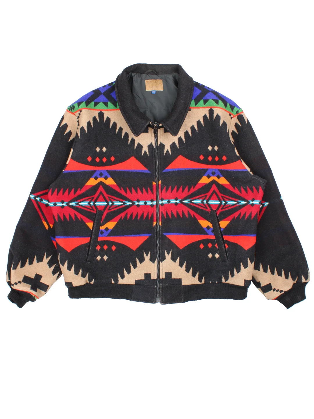 80's Pendleton Westernwear Bomber Jacket  in a black/multi colourway. Zips up, with side pockets, elasticated hems/cuffs and all over Aztec pattern.