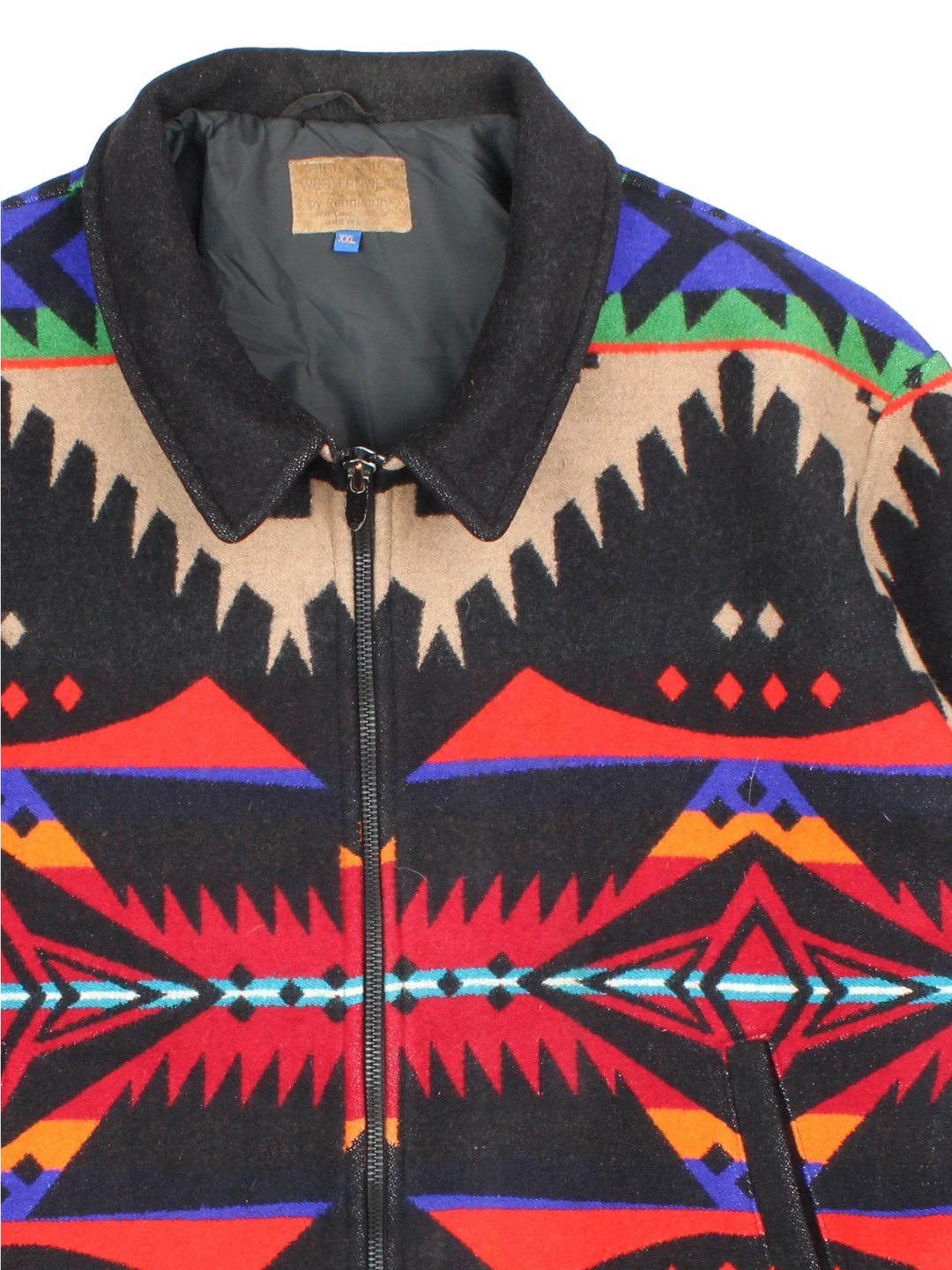 80's Pendleton Westernwear Bomber Jacket  in a black/multi colourway. Zips up, with side pockets, elasticated hems/cuffs and all over Aztec pattern.