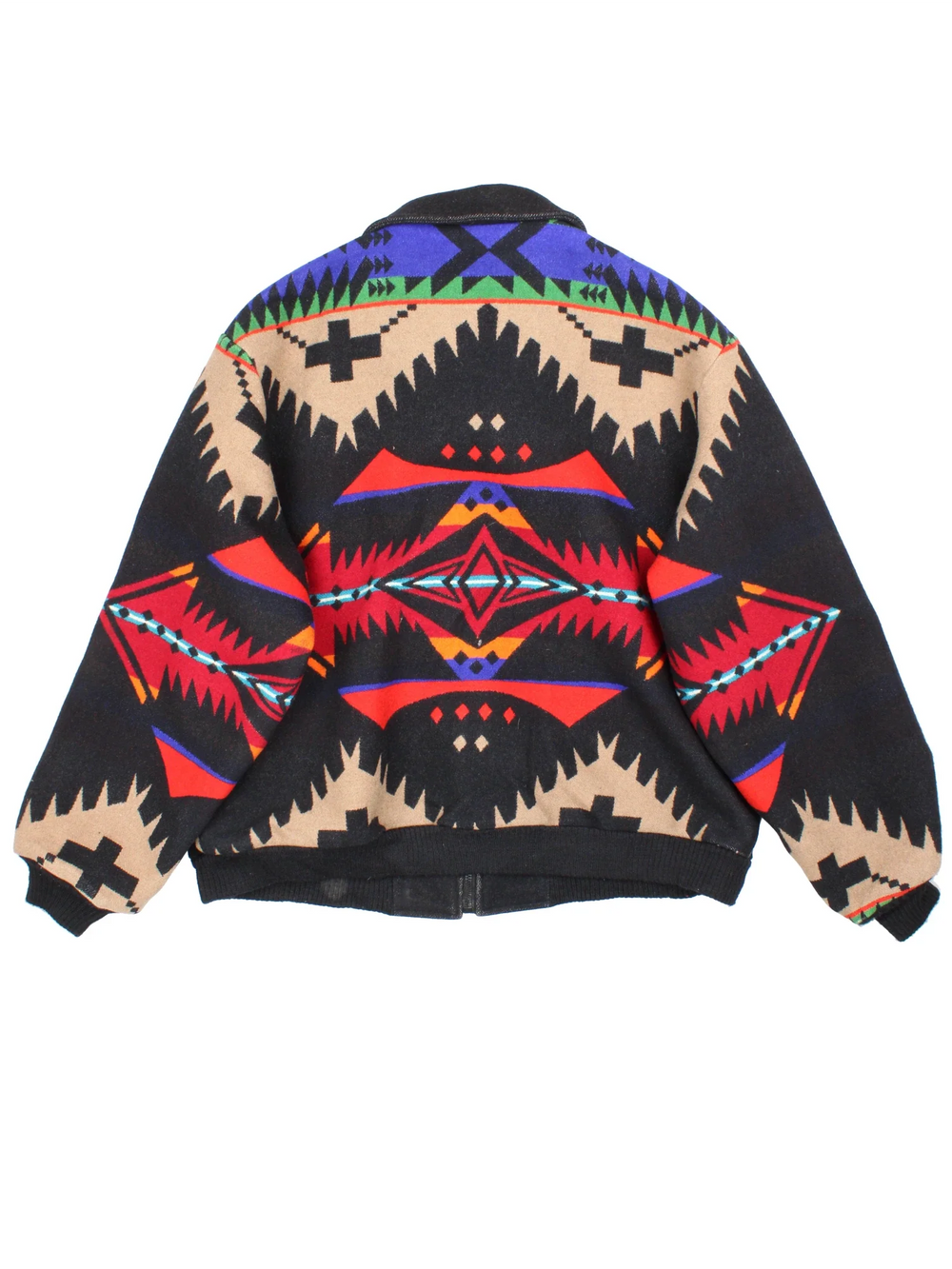80's Pendleton Westernwear Bomber Jacket  in a black/multi colourway. Zips up, with side pockets, elasticated hems/cuffs and all over Aztec pattern.