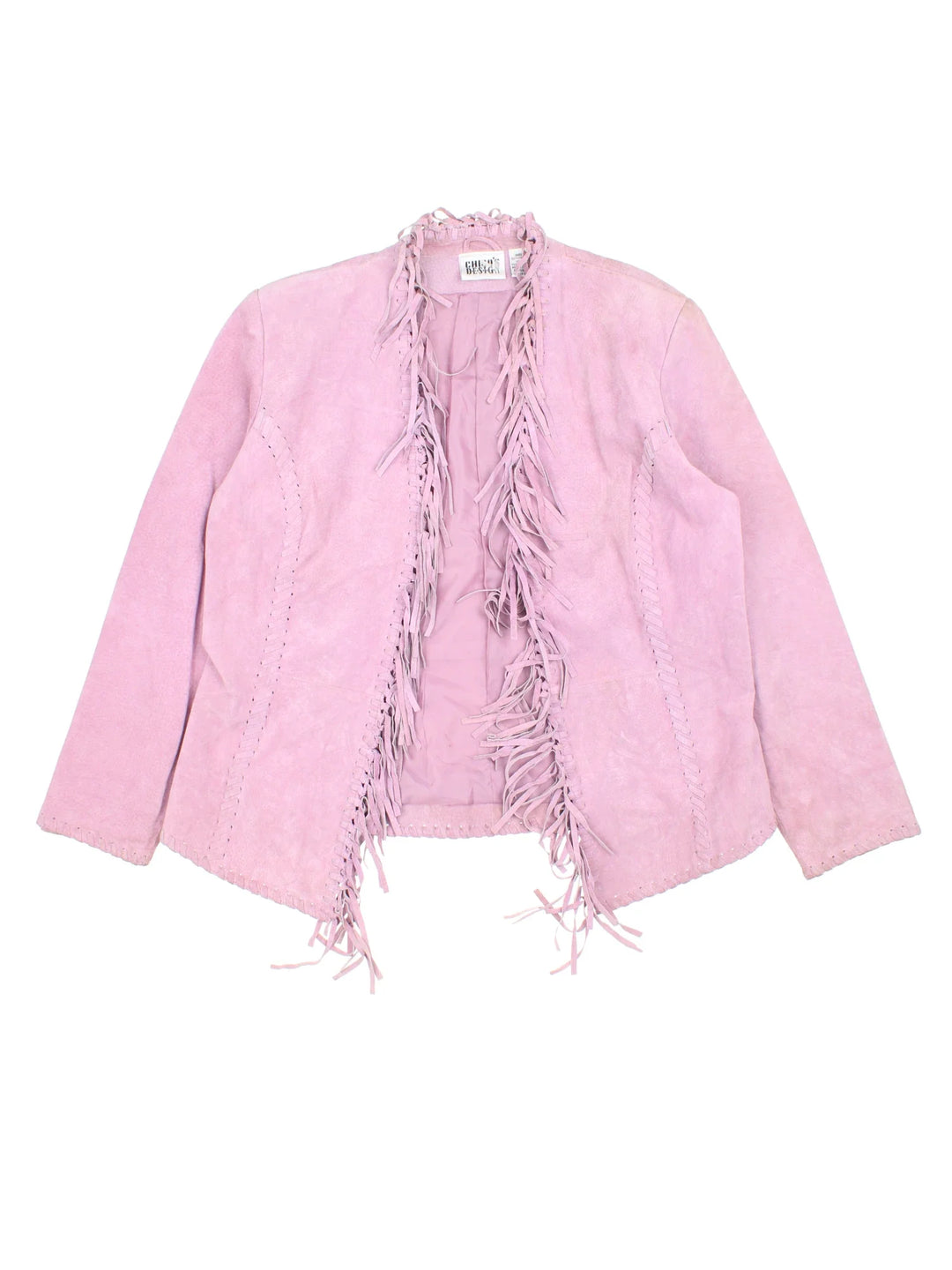 Vintage 80's Fringe Leather Jacket in a pink colourway. Open front, with over stitching and fringe detail.