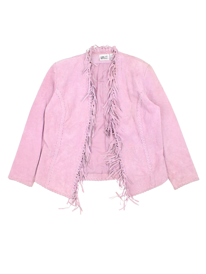 Vintage 80's Fringe Leather Jacket in a pink colourway. Open front, with over stitching and fringe detail.