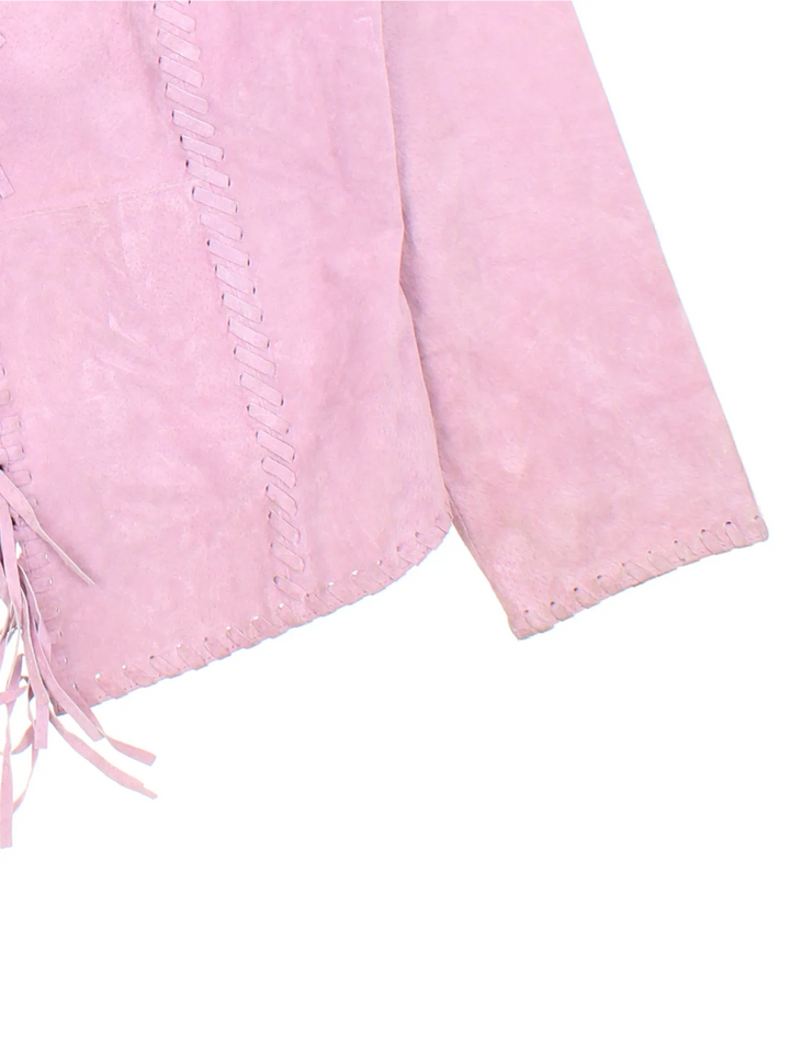 Vintage 80's Fringe Leather Jacket in a pink colourway. Open front, with over stitching and fringe detail.