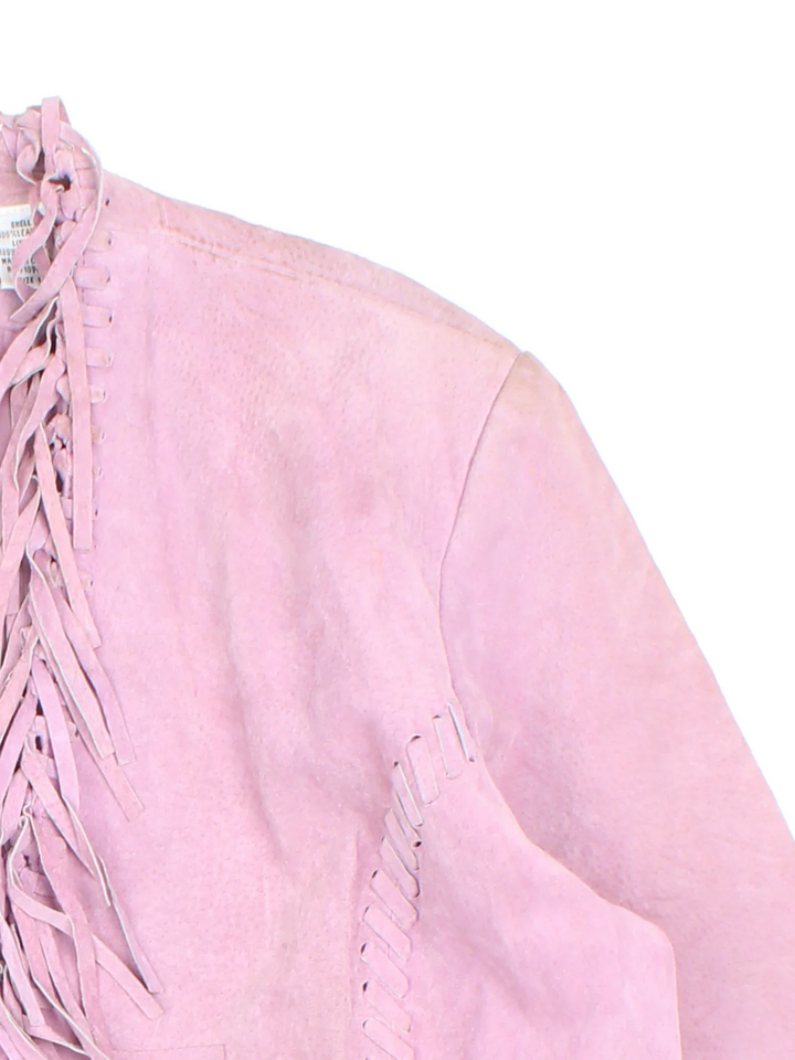 Vintage 80's Fringe Leather Jacket in a pink colourway. Open front, with over stitching and fringe detail.