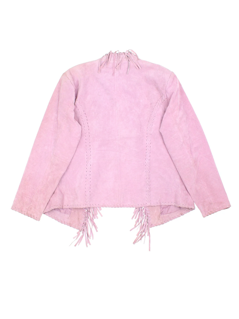 Vintage 80's Fringe Leather Jacket in a pink colourway. Open front, with over stitching and fringe detail.
