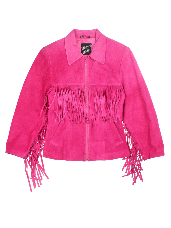Vintage 80's Tannery West Fringed Leather Jacket in a pink colourway. Zip fastening, with darted waist, satin lining and fringe detail.