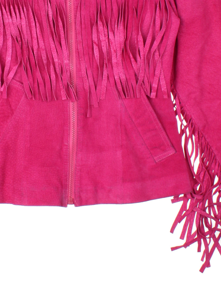 Vintage 80's Tannery West Fringed Leather Jacket in a pink colourway. Zip fastening, with darted waist, satin lining and fringe detail.