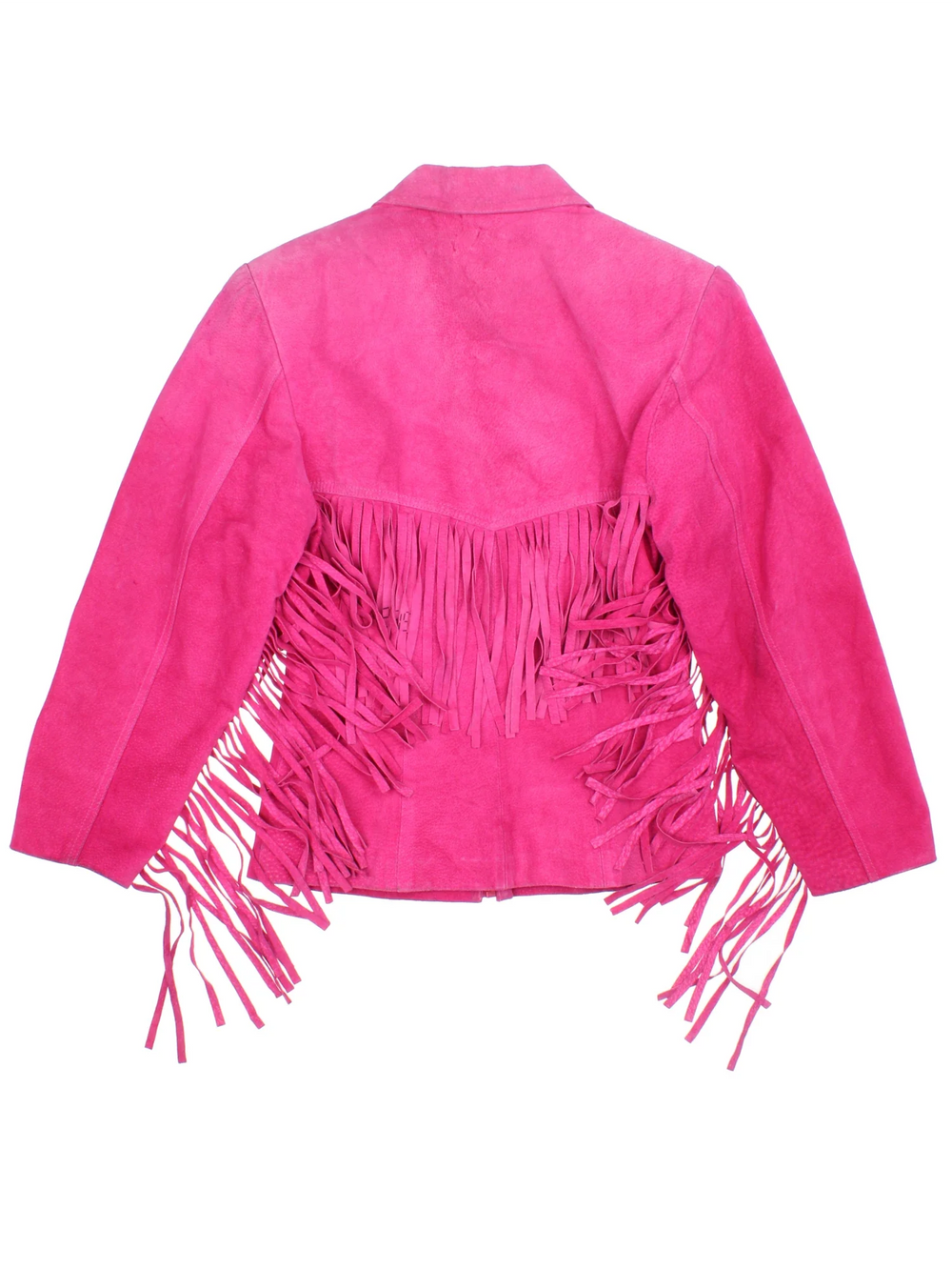 Vintage 80's Tannery West Fringed Leather Jacket in a pink colourway. Zip fastening, with darted waist, satin lining and fringe detail.