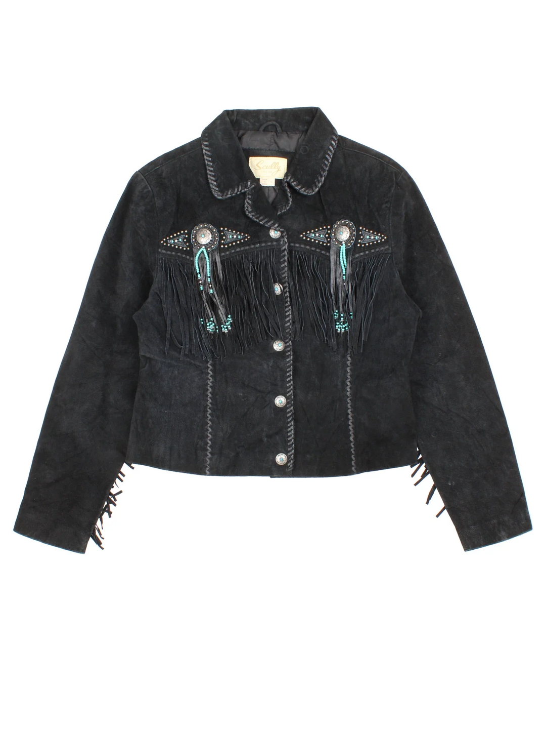 Vintage Scully Western Beaded Fringed Jacket in a black colourway. Button fastening, with over lock stitching and beaded fringe detail.