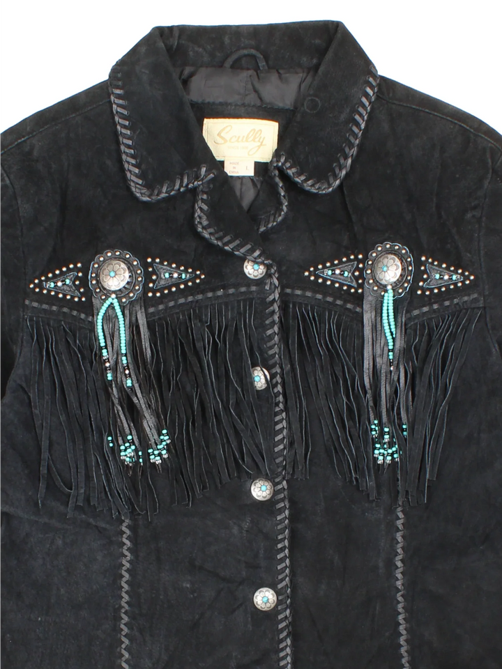 Vintage Scully Western Beaded Fringed Jacket in a black colourway. Button fastening, with over lock stitching and beaded fringe detail.