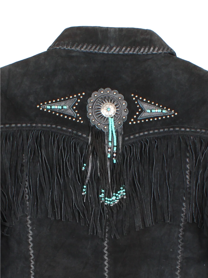 Vintage Scully Western Beaded Fringed Jacket in a black colourway. Button fastening, with over lock stitching and beaded fringe detail.