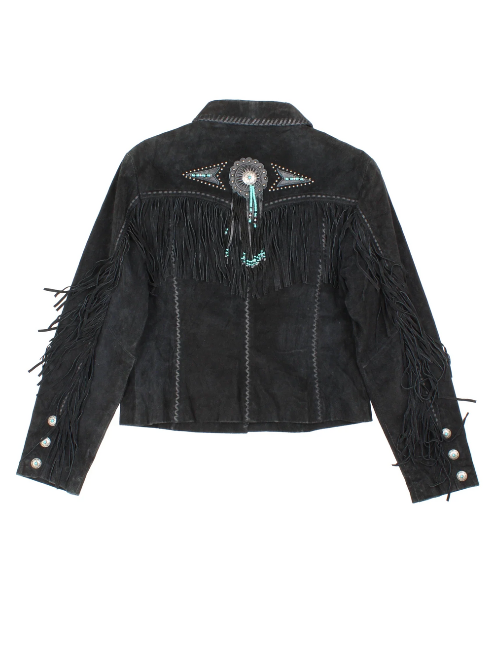 Vintage Scully Western Beaded Fringed Jacket in a black colourway. Button fastening, with over lock stitching and beaded fringe detail.