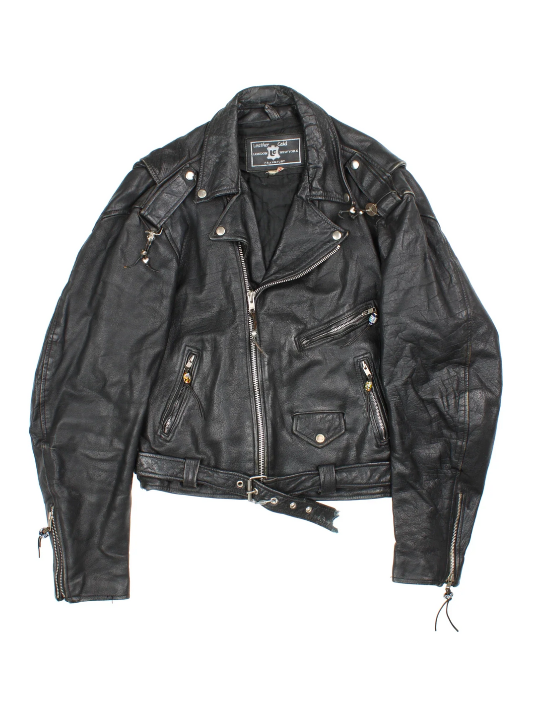 Vintage Beaded Leather Biker Jacket in a black colourway. Zip fastening, multiple pockets, motorcycle detailing and beaded detail on zippers.