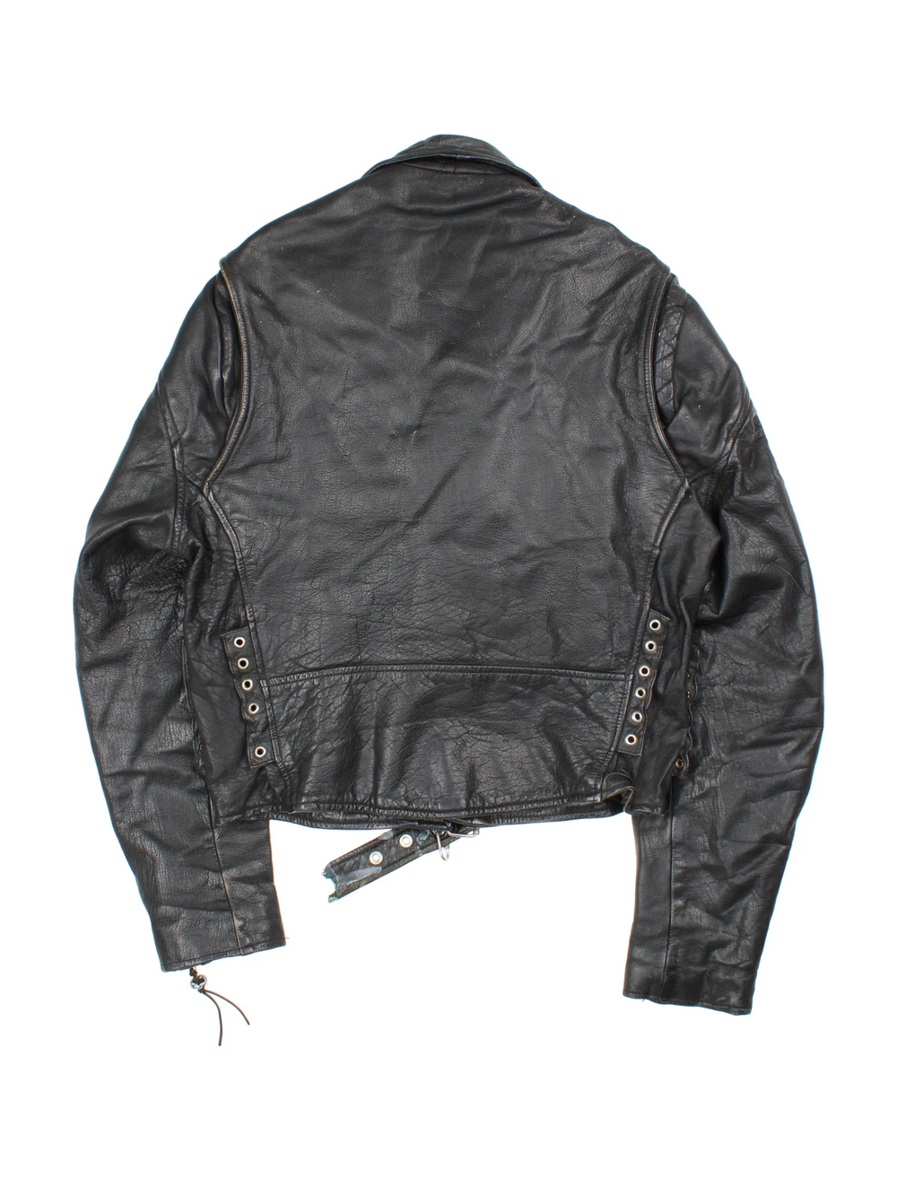 Vintage Beaded Leather Biker Jacket in a black colourway. Zip fastening, multiple pockets, motorcycle detailing and beaded detail on zippers.