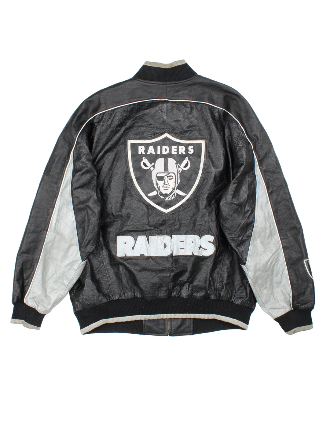 90's NFL Oakland Raiders Leather Bomber Jacket in a black/grey colourway. Zip fastening, side pockets, satin lining and embroidered branding on front/back.
