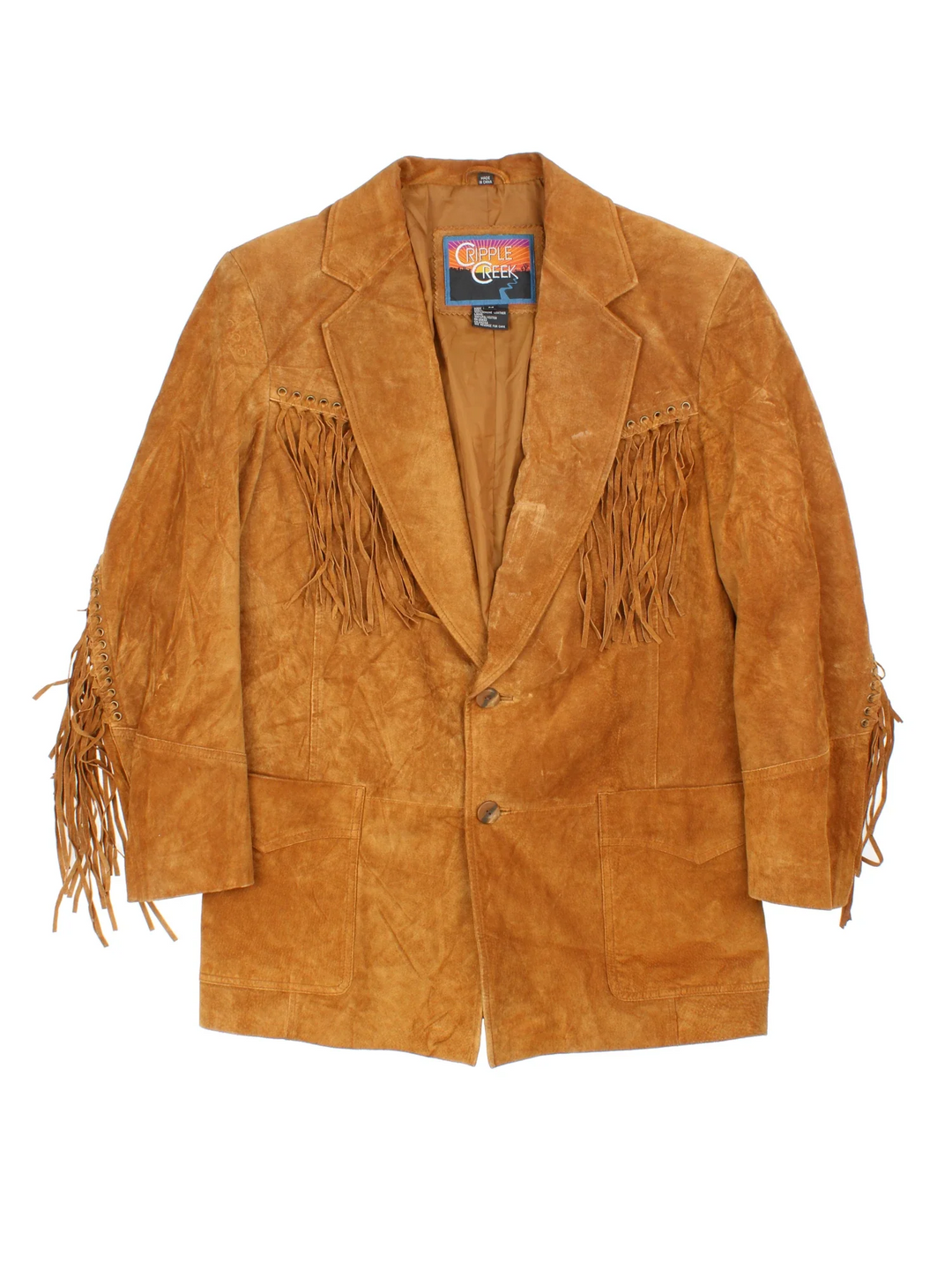 Vintage Western Fringed Leather Jacket in a tan colourway. Button fastening, with front pockets and fringe detail.