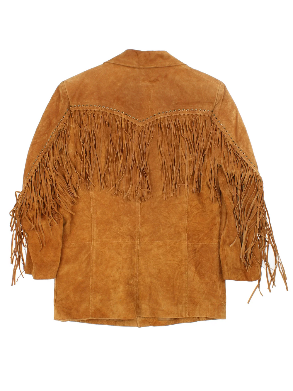 Vintage Western Fringed Leather Jacket in a tan colourway. Button fastening, with front pockets and fringe detail.