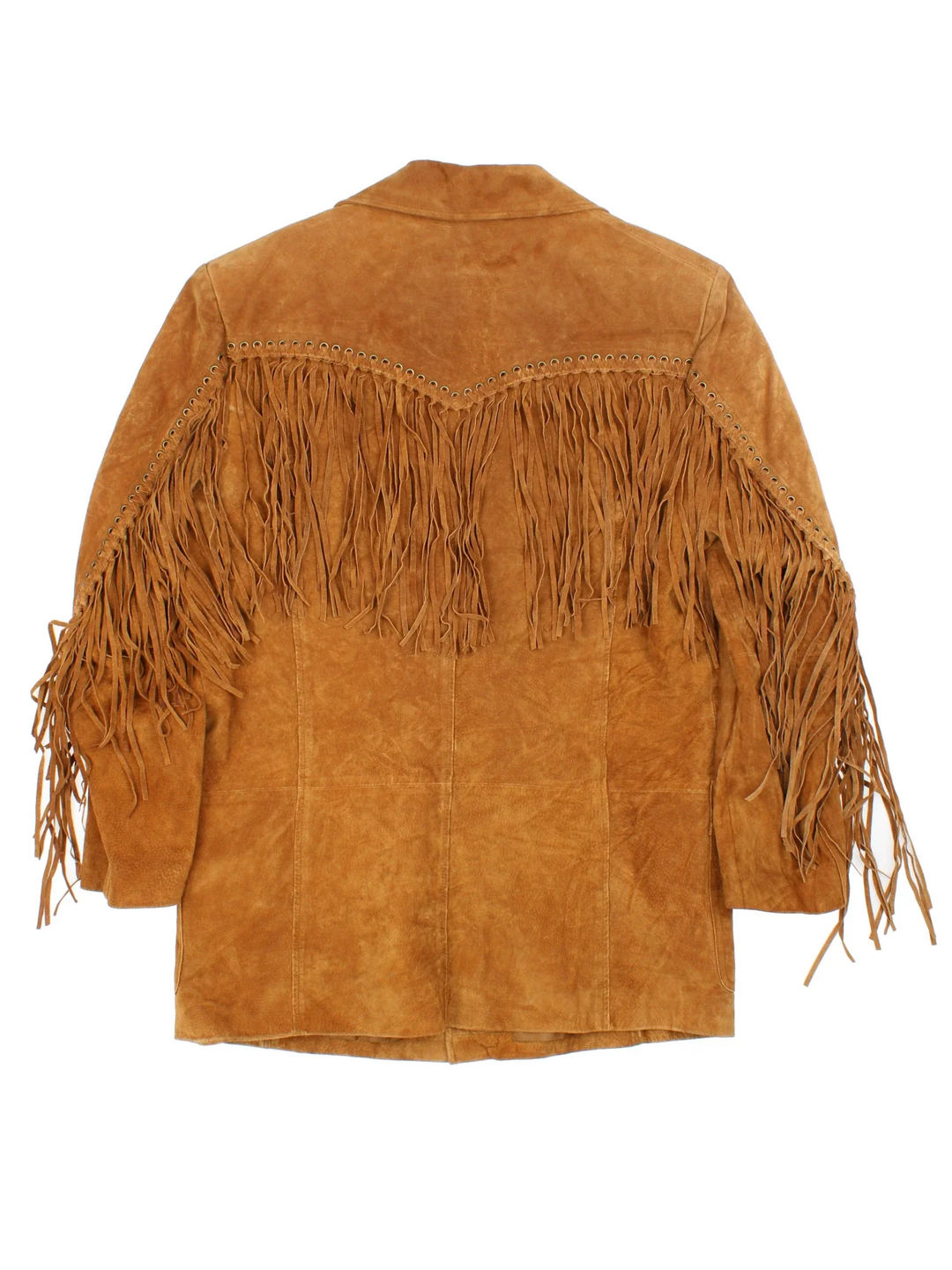 Vintage Western Fringed Leather Jacket in a tan colourway. Button fastening, with front pockets and fringe detail.