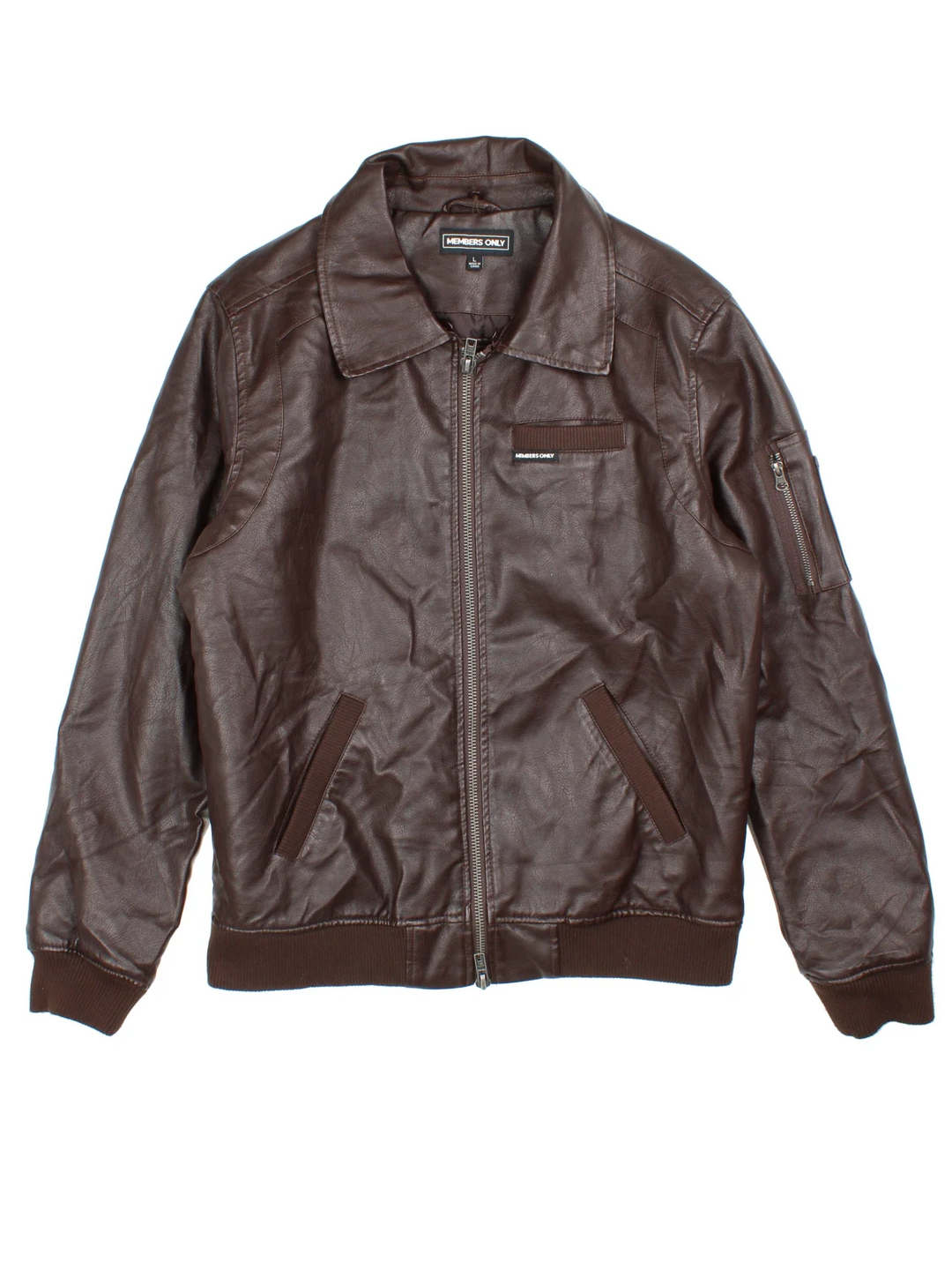 Vintage Members Only Faux Leather Bomber Jacket in a brown colourway. Zip fastening, with multiple pockets, elasticated trims and branding on front.