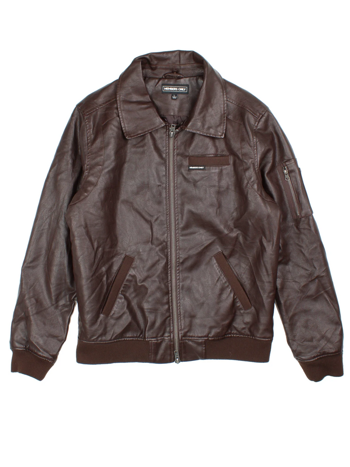 Vintage Members Only Faux Leather Bomber Jacket in a brown colourway. Zip fastening, with multiple pockets, elasticated trims and branding on front.