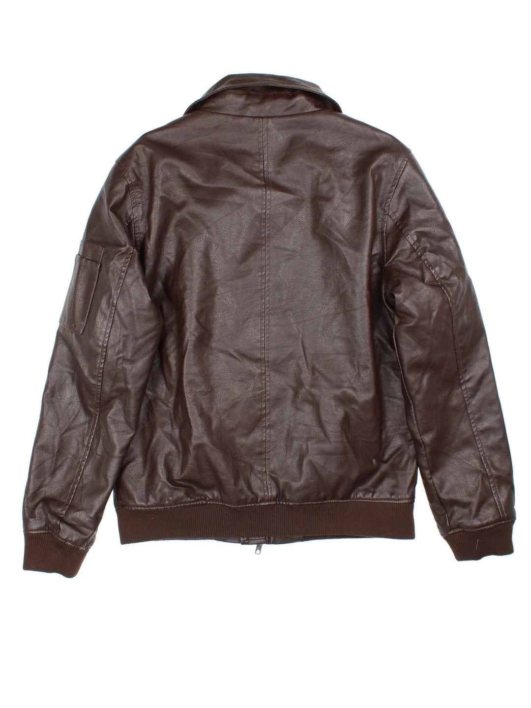 Vintage Members Only Faux Leather Bomber Jacket in a brown colourway. Zip fastening, with multiple pockets, elasticated trims and branding on front.