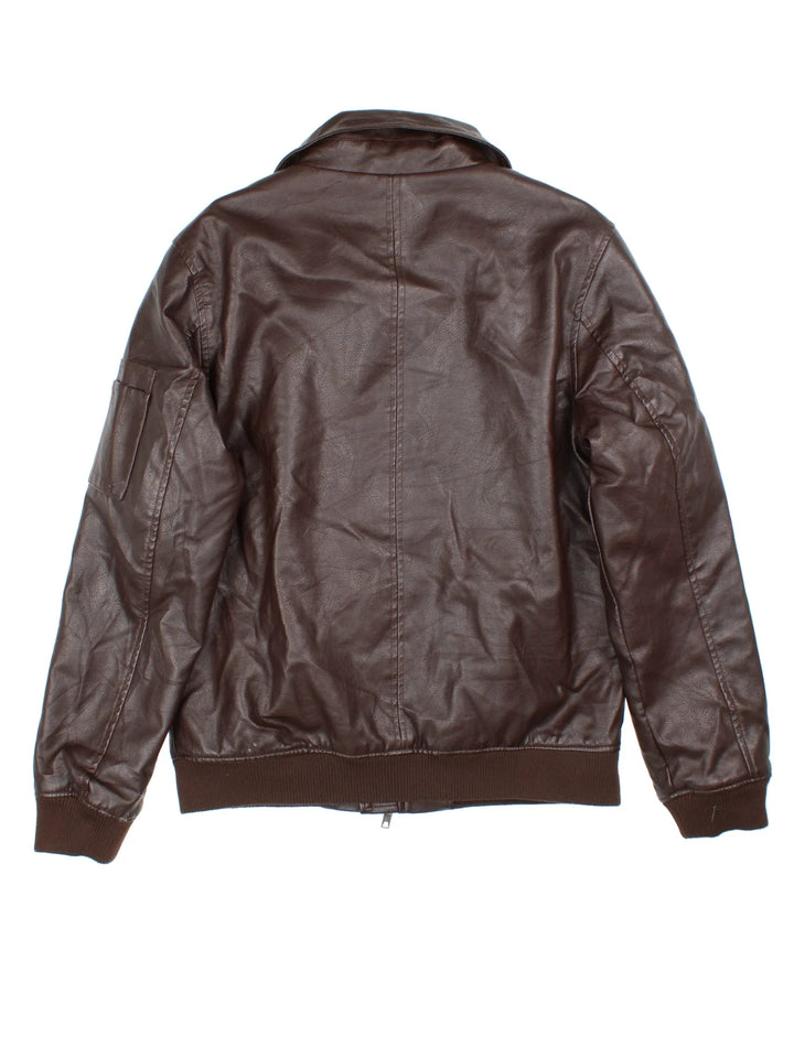 Vintage Members Only Faux Leather Bomber Jacket in a brown colourway. Zip fastening, with multiple pockets, elasticated trims and branding on front.