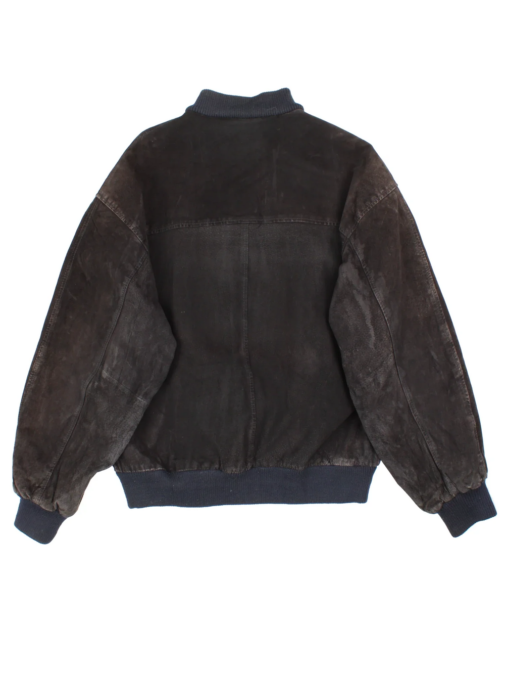 Vintage 90's Camel Suede Bomber Jacket in a black colourway. Buttons up and has side pockets, insulated with a satin lining, and has the logo embroidered on the front.