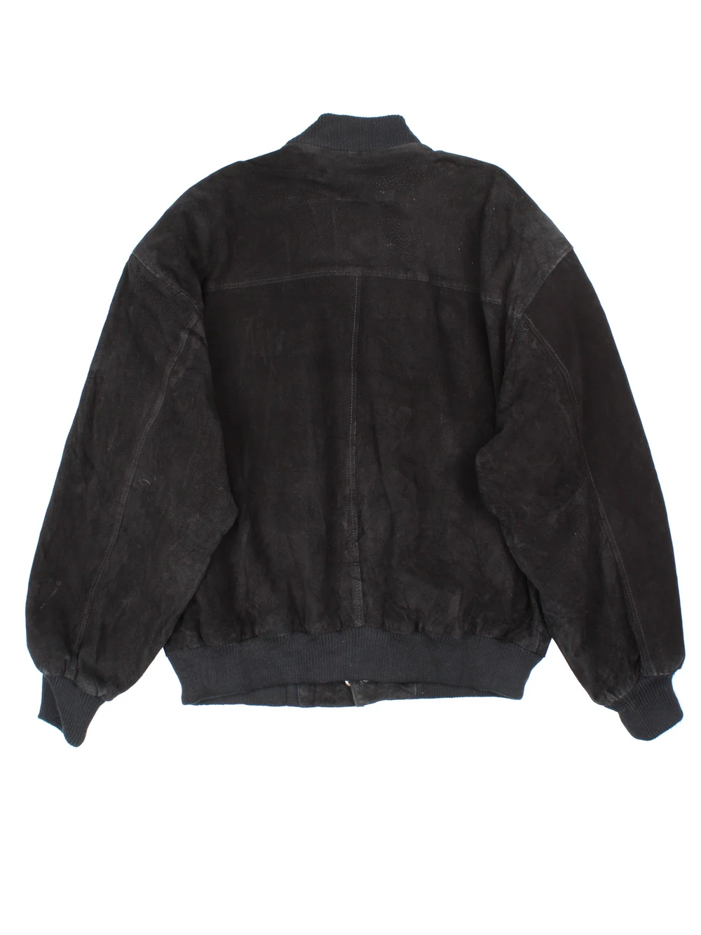 Vintage 90's Camel Suede Bomber Jacket in a black colourway. Buttons up and has side pockets, insulated with a satin lining, and has the logo embroidered on the front.