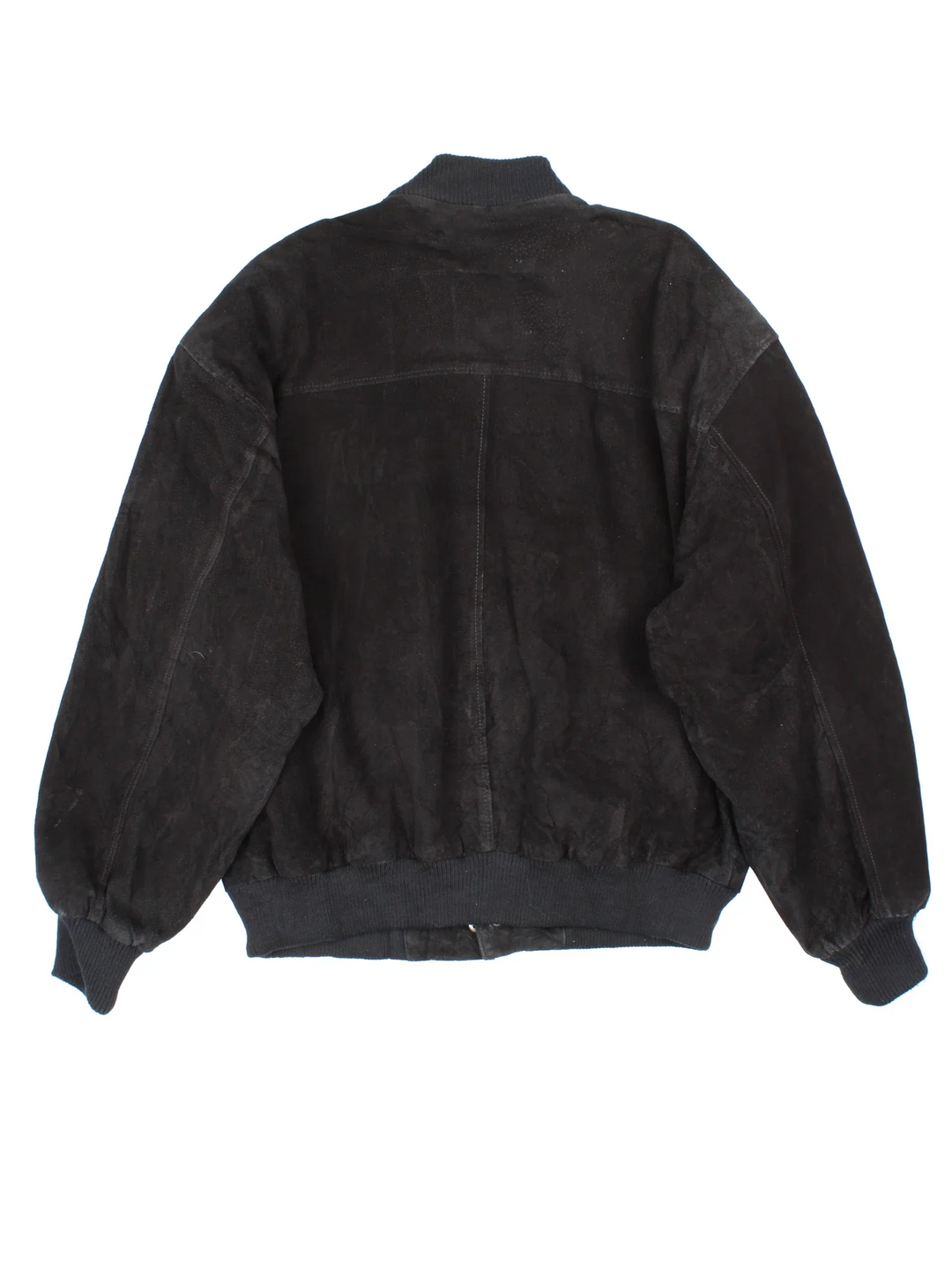 Vintage 90's Camel Suede Bomber Jacket in a black colourway. Buttons up and has side pockets, insulated with a satin lining, and has the logo embroidered on the front.