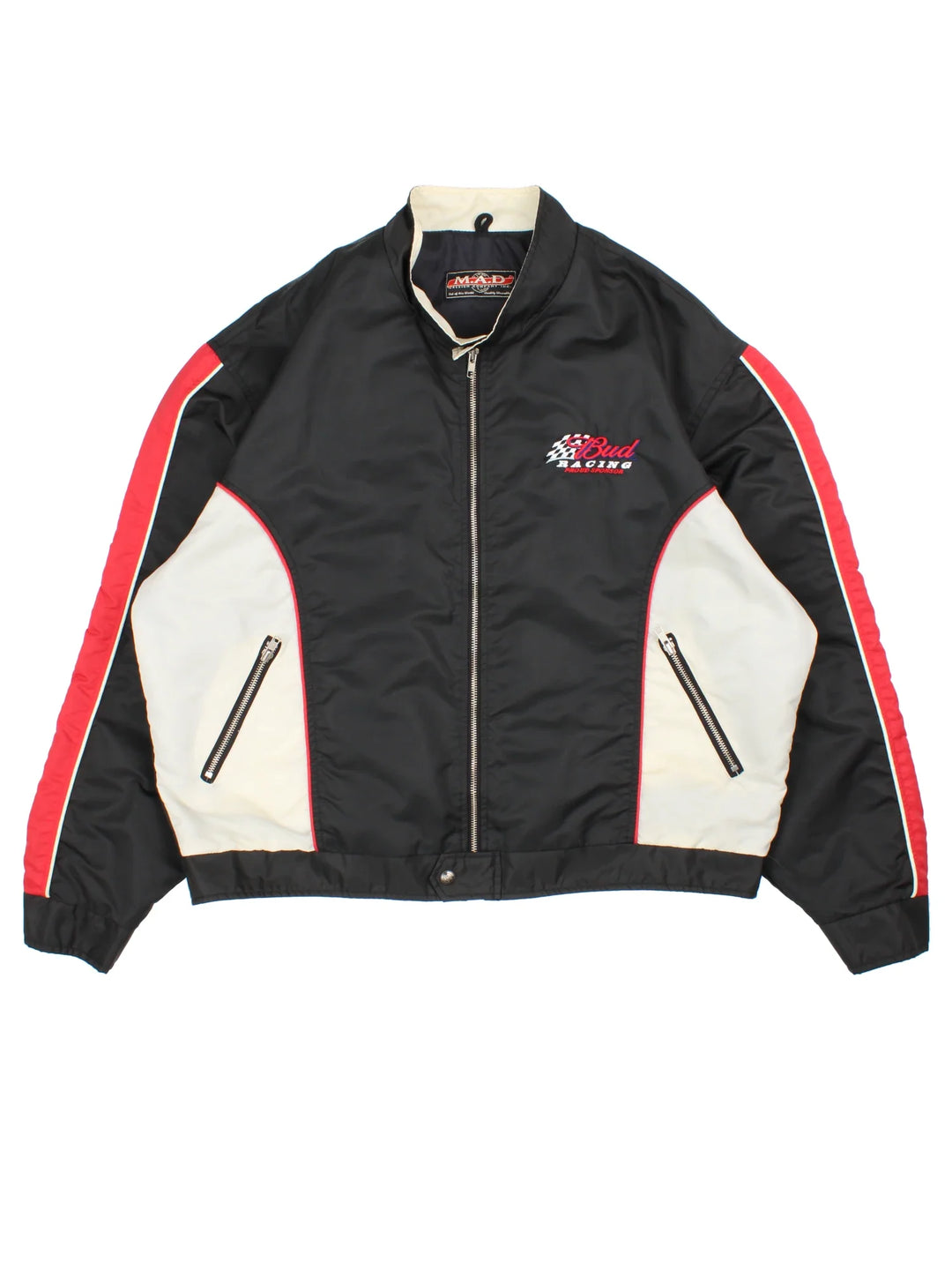 90's Budweiser Racing Jacket in a black/red colourway. Zips up and has side pockets, contrast panelling and branding embroidered on the front.