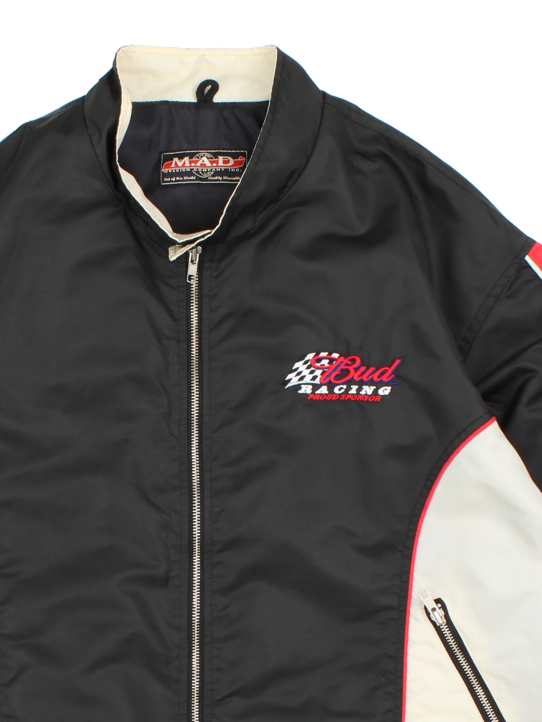 90's Budweiser Racing Jacket in a black/red colourway. Zips up and has side pockets, contrast panelling and branding embroidered on the front.