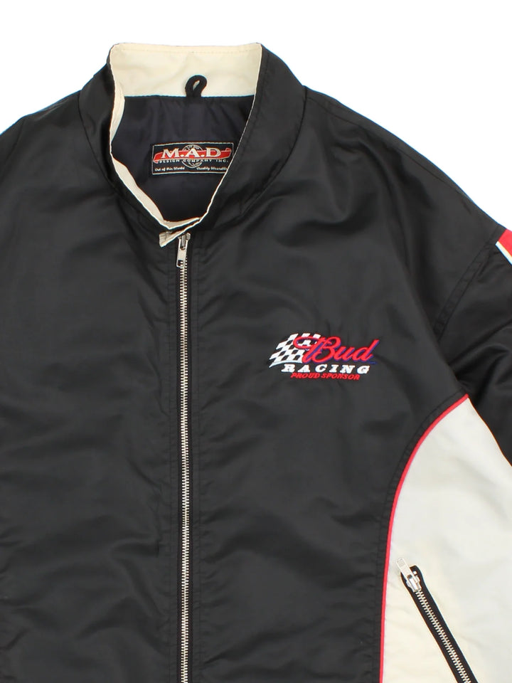 90's Budweiser Racing Jacket in a black/red colourway. Zips up and has side pockets, contrast panelling and branding embroidered on the front.