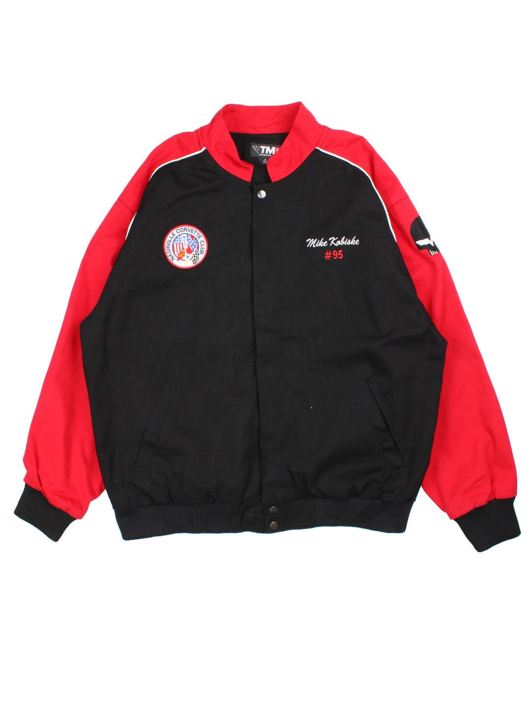 Vintage Nashville Corvette Nascar Racing Jacket in a black/red colourway. Zips up and has side pockets, contrast panelling and branding embroidered on the front/back.