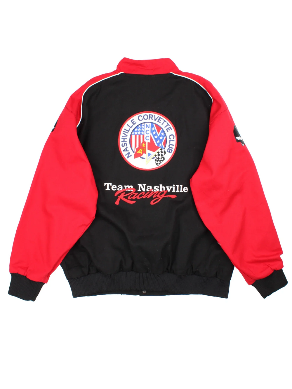 Vintage Nashville Corvette Nascar Racing Jacket in a black/red colourway. Zips up and has side pockets, contrast panelling and branding embroidered on the front/back.
