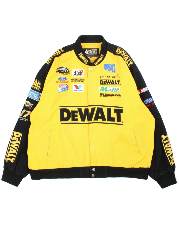 Nascar DeWalt Matt Kenseth Racing Jacket  in a yellow/black colourway. Buttons up and has side pockets, with branding embroidered on the front/back.