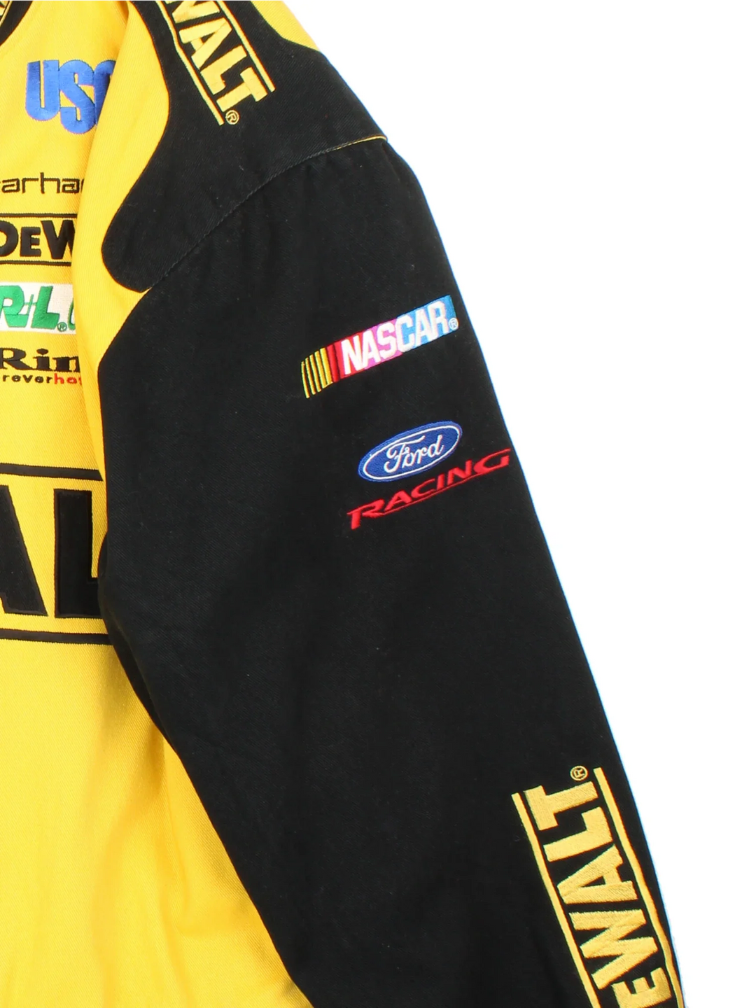 Nascar DeWalt Matt Kenseth Racing Jacket  in a yellow/black colourway. Buttons up and has side pockets, with branding embroidered on the front/back.