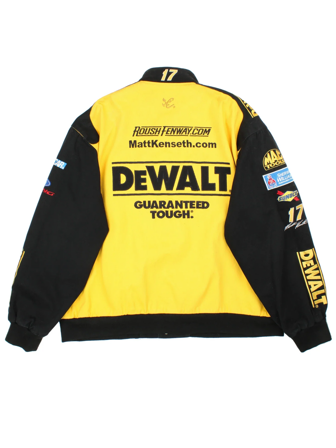 Nascar DeWalt Matt Kenseth Racing Jacket  in a yellow/black colourway. Buttons up and has side pockets, with branding embroidered on the front/back.