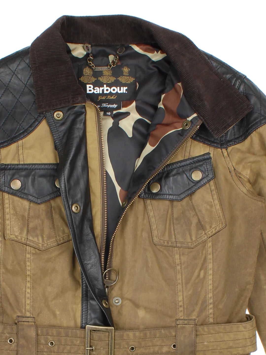 Barbour x Temperly London Wax Jacket  in a green/black colourway. Zip/popper fastening, multiple pockets, waist belt detail and leather patch detail.