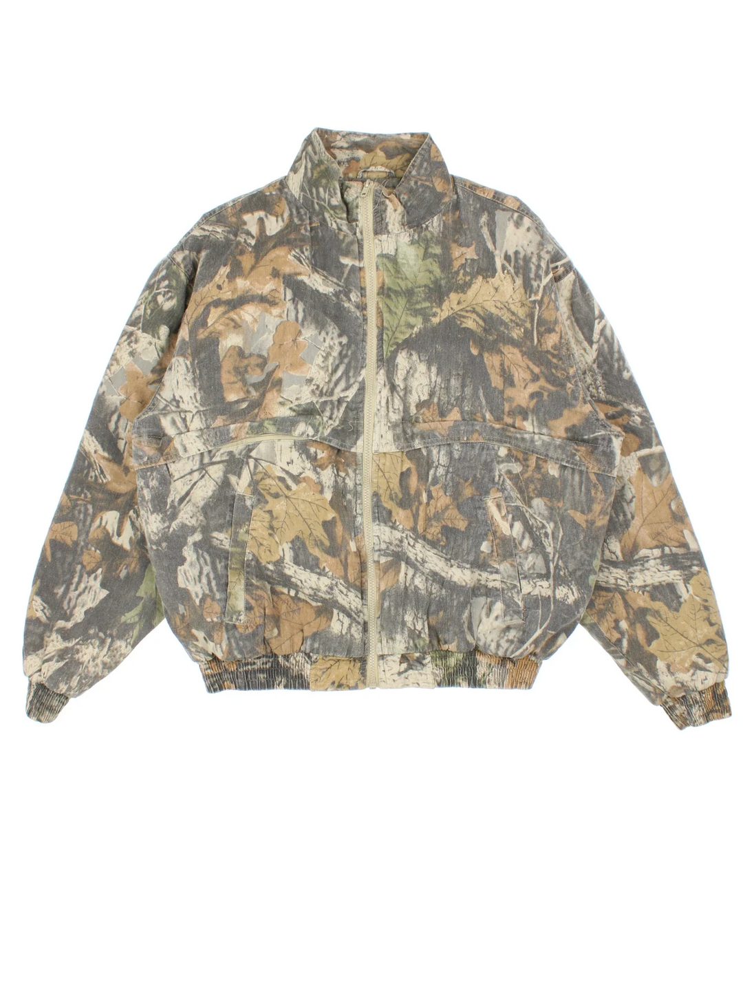 Real Tree Camo Bomber Jacket  in a green colourway. Zip fastening, side pockets, quilted lining and back patch detail.