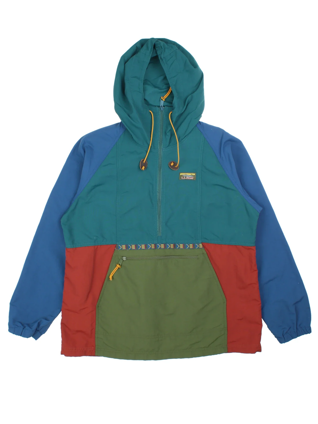 L.L Bean Windbreaker in a green/blue colourway. Hooded with 1/4 zip fastening, large front pocket and embroidered branding on the front.