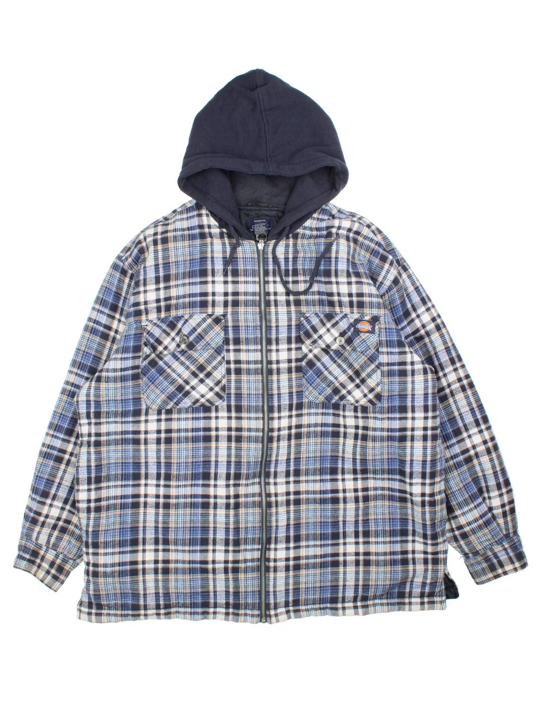 Dickies Hooded Flannel Jacket in a blue colourway. Hooded with zip fastening, front pockets and embroidered branding on the front.