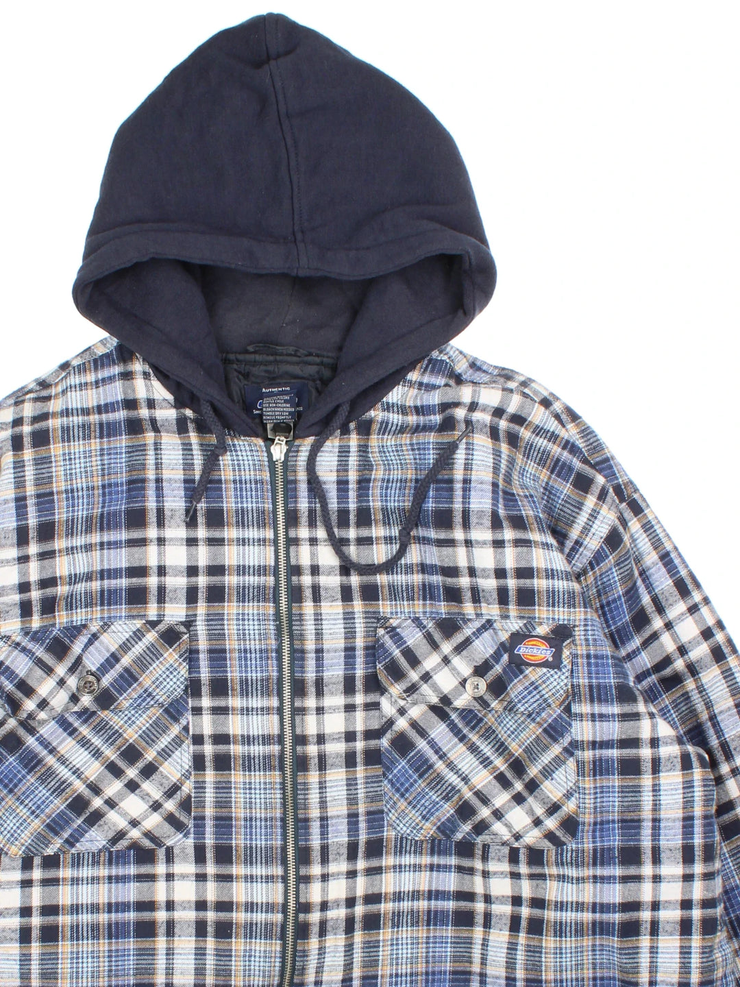 Dickies Hooded Flannel Jacket in a blue colourway. Hooded with zip fastening, front pockets and embroidered branding on the front.