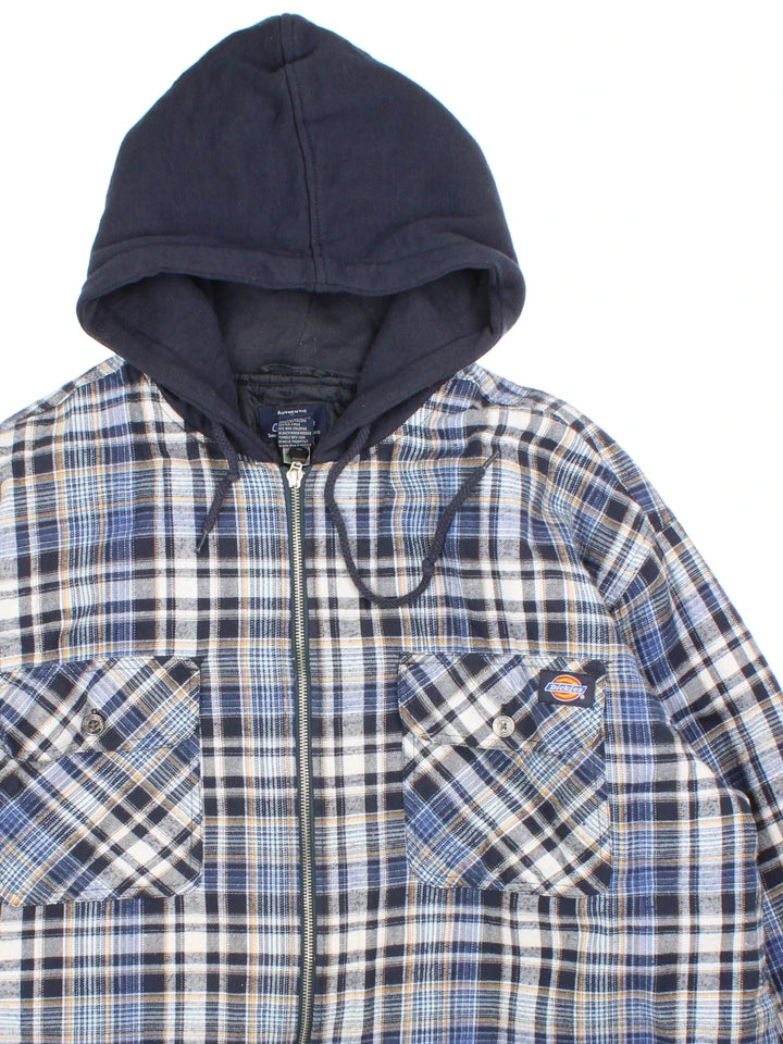 Dickies Hooded Flannel Jacket in a blue colourway. Hooded with zip fastening, front pockets and embroidered branding on the front.