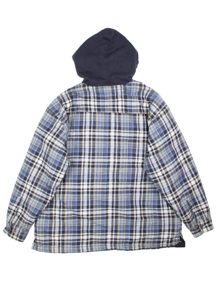 Dickies Hooded Flannel Jacket in a blue colourway. Hooded with zip fastening, front pockets and embroidered branding on the front.