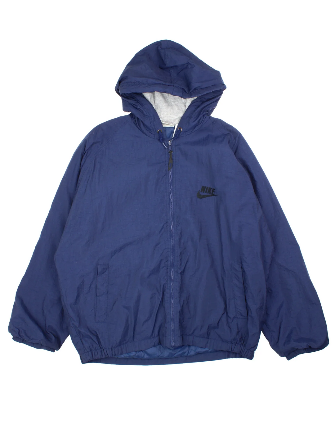 90's Nike Swoosh Jacket in a blue colourway. Hooded with zip up fastening, side pockets and embroidered branding on the front/back.