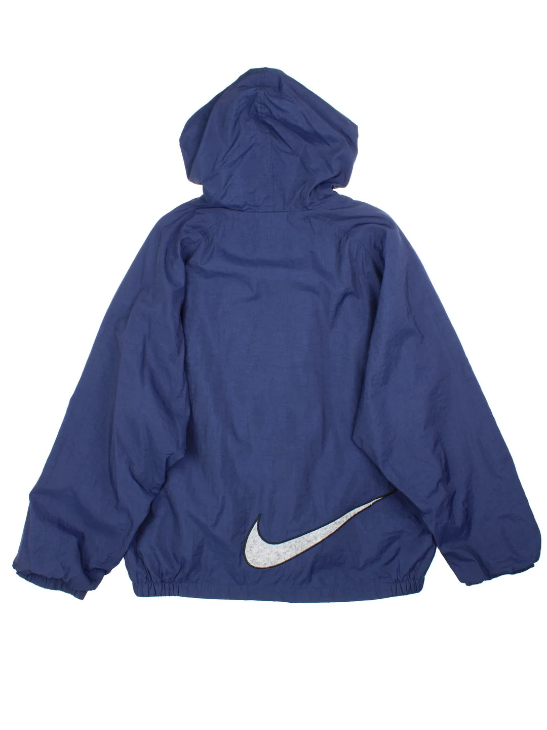 90's Nike Swoosh Jacket in a blue colourway. Hooded with zip up fastening, side pockets and embroidered branding on the front/back.